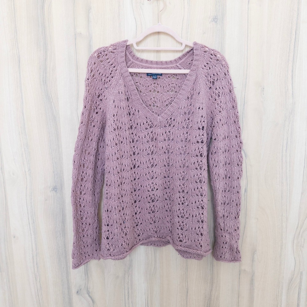 American Eagle Women Open Knit Sweater XL Pink Wool Blend Cottage Boho Soft Girl